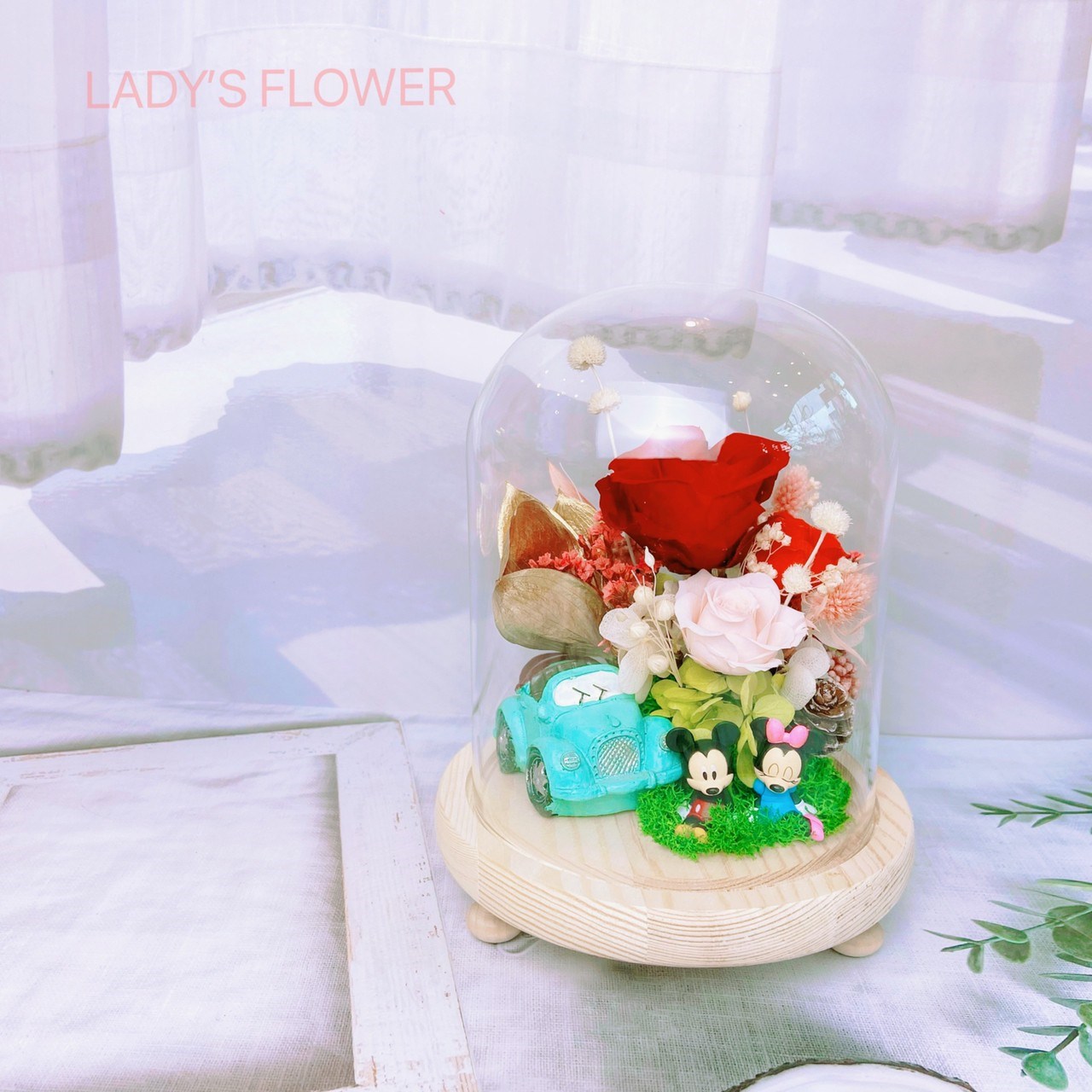 米奇米妮約會風永生花玻璃花盅